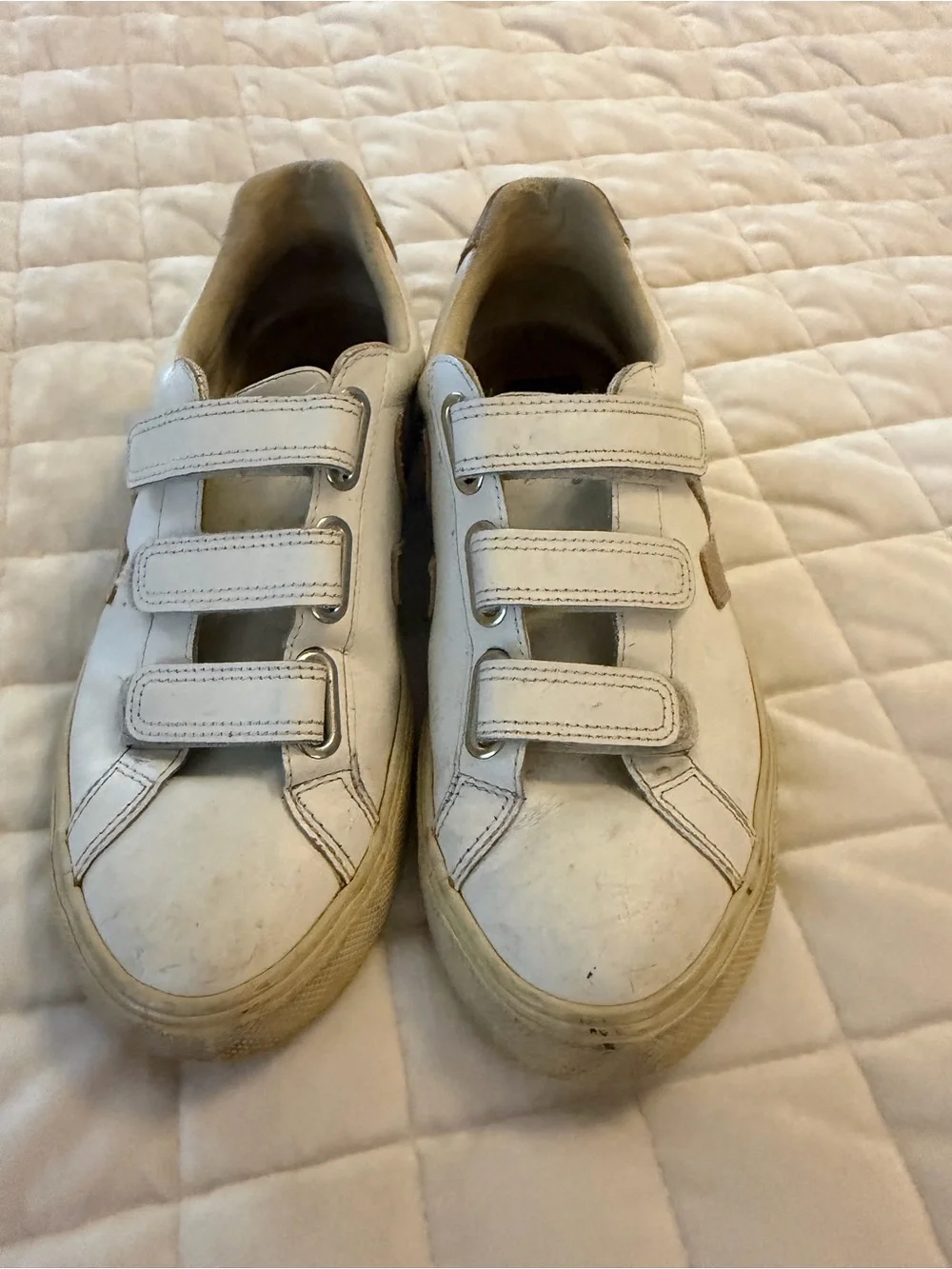 Veja White Sneakers with Gold V Detail - Velcro Straps